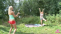 Milo got milked off by the lake... Afro redhead and blonde have to take turns to get their slits pounded by him. She also gave a double blowjob... you're gonna love this banging duo.