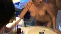 hot amateur bathroom scene : shower behind , against table , final hand job