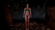 Mature sexy Lara Croft alone seductively posing in microbikini at thicket