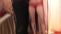 Horny wife Dominno fucks her husband while giving a blowjob to his friend GP1393