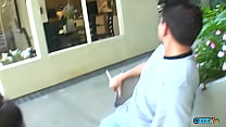 She was unable to ejaculate while engaging in anal intercourse due to the presence of the other person in her oral cavity.