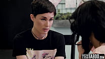 Busty petite lesbian cougar seduces her slender ebony friend for some hardcore sex