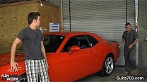 Sexy gay mechanic gets fucked in the garage