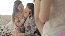 Kyla K, Lena L & Mila M are three stunning nymphs with foursome cravings... it's Zephyr Q the luckiest day... watch him taking his time to pleasure those super horny pussies!