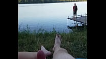 Nude jerking on beach with people walking by