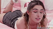 See this busty geek hottie finger fucked by stepdad and get her bush banged deep