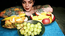 Hot horny tattooed bitch sexy eating fruit and pouring sweet yogurt on her boobs