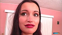 Cute brunette with red lipstick gets double penetrated in a threesome