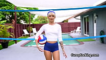 Sporty blond cutie sucks trainers dick