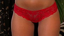 slut in red lingerie solo on bed