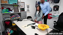 Tiny asian thief is stripped nude and gets her big tits grabbed by the security officer.On her knees he takes out his big black cock for her to suck