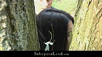 Hot brunette restrained in the woods and fucked