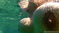 Busty hairy PAWG swimming naked and flashing in public