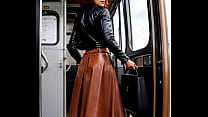 Busty mature redhead in full leather doing pole dance in a bus - AI Illustrated leather porn dream