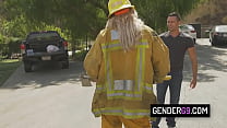 Busty shemale firefighter Aspen Brooks fucks dirty on workspace with her coworker