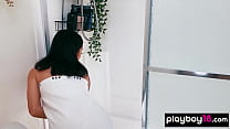 Skinny small titted asian muse washing her exotic cunt