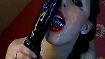 hot dirty brunette gags and deepthroat on a huge dildo on cam