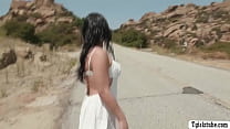 Lucky dude Cliff Jensen picks up a TS hitchhiker Ember Fiera in a hot road.After that,he starts rubbing her hard shecock