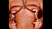 Seniormasochist pulls nipple clamps off
