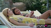Petite blonde Ukrainian teen and her nude cougar mistress sunbathing