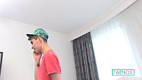 Hot Brunette Boy, Victor A, strips off everything but his cap and gets comfy on the couch, jerking off that hard cock while fingering his tight little hole until he cums. Full Videos & More only at TwinQs.com!