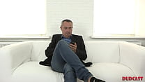 Fake producer cums on girl's belly after fuck on the couch