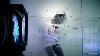 Crazy blonde hottie loves bouncing on her pussy on a big dildo before screwing with two guys in front of another hottie until they get sprayed with warm jizz.