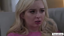 Trans Ava Holt and blonde superstar Lexi Lore are on the couch kissing each other