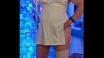 wife wears white satin, strips and plays with cunt