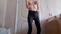 Student with small tits jerk off in leather jeans