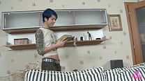 Aster V is a slim blue haired brunette... she's so innocent looking and slutty. Watch this sexy brat riding his hard cock like a maniac. Then she drops to her knees to get facialized by Milo P!