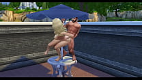 Blonde Billie Eilish gets BBC from Drake on patio table.