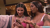 Big cock shemale Zariah Aura and busty ebony trans find their busty gf Jewelz Blus open invitation for anonymousy people to fuck her.The tgirls dp her