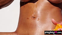 Big boobed all natural latina beauty reveals her trimmed pussy
