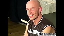 Bald British jock jerking off big cock solo