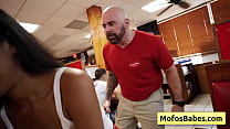 Two horny sexy girls sharing black huge dick in a public restaurant