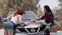 Busty tgirl Ariel Demure got hard and horny from a sexy carwash with big tits gf Romi Rain.The two get inside where the shemale receives a blowjob