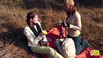 Super hot brunettes fuck each other with strap ons