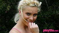 Big ass luscious blonde cougar flaunts her juicy round tits in public