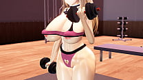 Kancolle Ship Bismarck lifting weights in compromising position