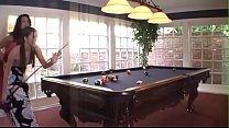 MILF lesbian with round funbags and teen bitch relaxing on the pool table