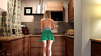 Hot big boobs tight shaved pussy long legs braless blonde in the kitchen gets bored and ignored