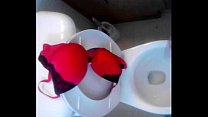 Jacking off with a piss Red Bra (sis)