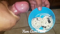 Pouring my sperm over a creamy ice cream bowl.