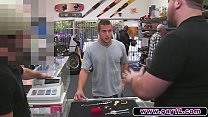 Hot guy strips in pawn shop and sucks cock