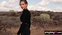 Petite all natural Russian beauty poses naked on the rocks