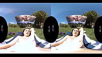 Sexy brunette uses her toy on her hairy pussy outside in virtual reality