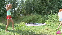 The lucky Milo P, Lila E & Nia Y get horny by the lake... it's a threesome! Redhead and blonde brats get dicked and facialized before they go swimming inside the lake. Enjoy it!