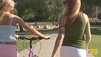 Busty cyclist gets picked up and led inside by the busty lez blonde to bang