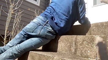 Mayofascial stretch of leg and side on cement steps